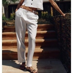 NWT Zara White Belted Straight Leg Pants Linen Blend size medium
